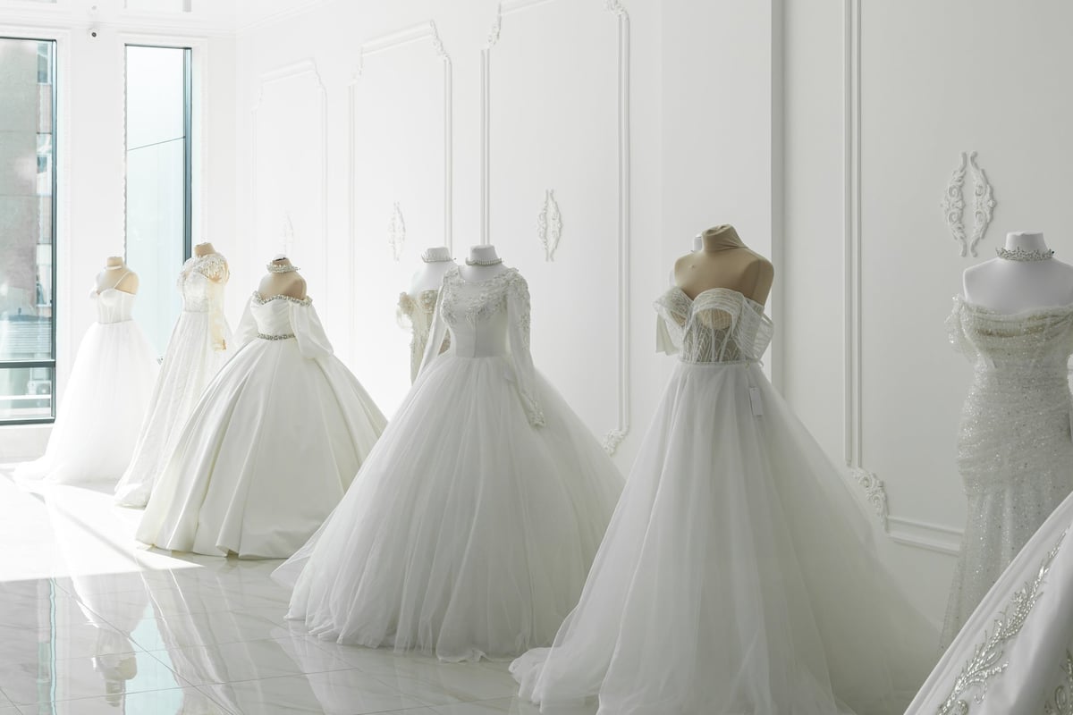 Bridal boutique with wedding dress on mannequin